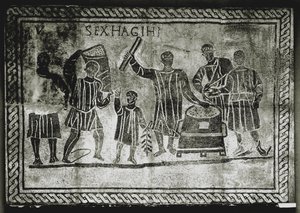 ARTE ROMANA: Medição do grão (milho). O dote de milho que Gaius Gracchus ..., século II d.C. (mosaico) de Roman