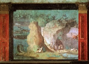 ARTE ROMANA: Cena da Odisseia. Ulisses no Palácio de Crce. Fresco de..., 50-40 a. C. (fresco) de Roman