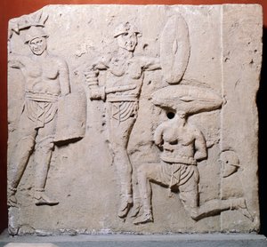 Relevo retratando a cena gladiatorial da área de Due Madonne, Bolonha, Civilização Romana de Roman