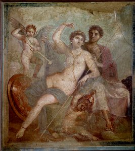 Representação de Ares e Afrodite, acompanhados de amores brincando com as armas do deus. Fresco da Vila de Marte e Vénus em Pompeia. Século I d.C. Museu Arqueológico de Nápoles - arte romana: Ares, Afrodite e Eros. Afrodite (Vénus) recl de Roman