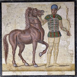 Representação das quatro facções do circo romano: os Verdes (factio prasina). As facções eram clubes envolvidos em competições circenses no Alto Império (século I d.C.) e caracterizados por uma cor. Mosaico, Roma Museo nazionale Romano. de Roman