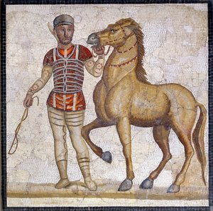 Representação das quatro facções do circo romano: o vermelho (factio russata). As facções eram clubes envolvidos em competições circenses no Alto Império (século I d.C.) e caracterizados por uma cor. Mosaico, Roma Museo nazionale Romano. de Roman