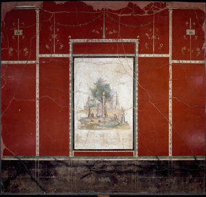 Arte Romana: "Paisagem bucólica e sagrada" Fresco atribuído ao mestre de Amando. de Boscotrecase, vila Agrippa Postumo. século I. Dim. 153x98 cm Nápoles, Museo Archeologico Nazionale de Roman