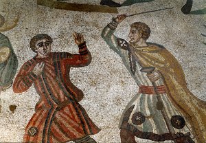 Arte Romana: Detalhe do mosaico "A Grande Caça" Um aristocrata romano castiga um dos seus escravos com um pau. 315-350 D.C. Piazza Armerina, Villa Romana del Casale de Roman