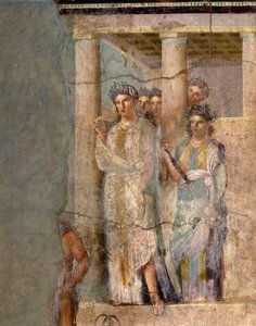 Arte Romana: "Iphigenie en Tauride" Fresco atribuído ao mestre de Lucrezio Frontone. Século I. De Pompéia. Dim. 118x81 cm Nápoles, Museo Archeologico Nazionale - Arte Romana: Iphigenia em Tauris. Fresco atribuído ao mestre Lucrezio Frontone de Roman