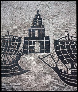 Arte Romana: "Farol e Navios" Mosaico da Corporation des gens de la mer, Place des Corporations de Roman