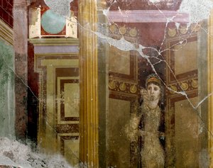 Arte Romana: "Retrato de uma mulher na entrada de uma porta" Detalhe de um afresco da villa de Fabio Rufo (Marcus Fabius Rufus) Século I d.C. Pompéia, Itália de Roman