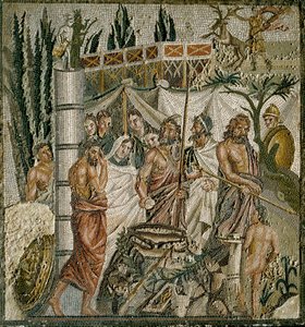 Arte Romana: "O Sacrifício de Iphigenie" O Rei Agamémnon sacrifica a sua filha para apaziguar a ira de Artemis (Diana). Mosaico do século I AC. Museo di Ampurias (Empúrias), Espanha de Roman