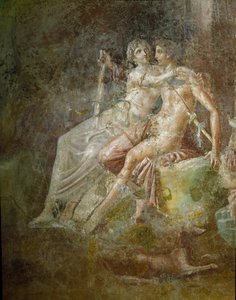 Arte Romana: "Venus et Mars" Fresco da casa do Guitarrista em Pompeia. 3º estilo. Dim. 253x150 cm Museo Archeologico Nazionale, Nápoles de Roman