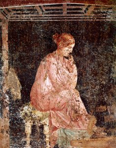 Arte Romana: "Jovem mulher sentada" (Sentada jovem senhora) Afresco romano do estilo 3 Pompeu de Pompeia (Fresco de Pompeia) 40-60 AD. de Roman