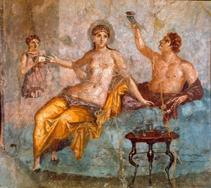 Arte Romana: cena de banquete, um jovem e uma cortesã (um banquete na Roma antiga, um jovem e uma cortesã) Afresco romano do 4º estilo Pompeu do local de Ercolano (Herculanum ou Herculaneum) 60-80 d.C. Dim 65x66 cm Apresentado na National de Roman