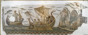 Antiquidade romana: "Ulisses no seu barco resiste ao canto das Sereias" (Odyssee d