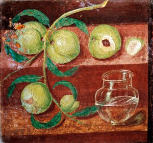 Arte romana: "Natureza morta de pêssegos" fresco romano de Pompéia. Século I a.C. - Século I d.C. Conserva no Museu Nacional de Arqueologia de Nápoles. Itália - Arte romana: Natureza morta com pêssegos. Afresco romano de Pompeia do séc. I a.C.-1 d.C. N de Roman