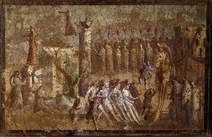 Arte romana: Entrada "Tabula Iliaca" do cavalo de Tróia. Os troianos puxam o cavalo para as muralhas enquanto Cassandre tenta se opor a eles. Fresco de Pompéia. Nápoles, Museo Archeologico Nazionale de Roman