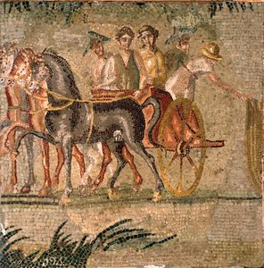 Arte romana: Corrida de tanques em antiquidade. Mosaico do século III. Madrid, Museo Arqueologico Nacional. de Roman