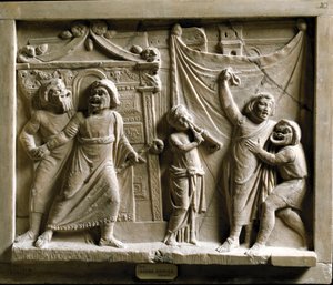 Arte romana: cena de teatro comédia (comédia) da peça "Andria" de Terence (Publius Terentius Afer) (185-159 a.C.), relevo de Pompei - Museo Archeologico Nazionale Nápoles - Cena da comédia grega Andria, de Terence (Publius Terentius Afer) (195/185-159 B de Roman