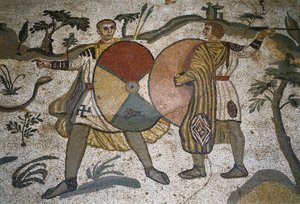 Arte romana: detalhe do mosaico "A grande parte da caça" Caçadores de armas de grandes escudos. 315-350 DC. Piazza Armerina, Villa Romana del Casale de Roman