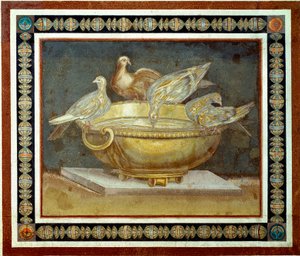 Arte romana: quatro pombas bebendo uma fonte. Mosaico vindo de Villa Adriana (Villa d