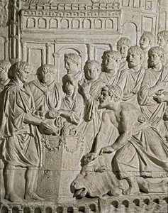 Arte romana: baixo relevo representando os cidadãos Sarmat prestando tributo aos romanos. A partir dos relevos da coluna de Marc-Aurele (Marx Aurele). Século II d.C. Roma, Museo della Civilta Romana de Roman