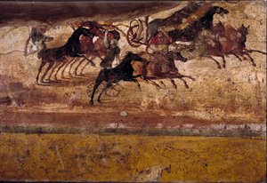 Arte romana: raça de quadriges. Fresco da vila do quadrige. 4º estilo, Pompei.Nápoles, Museo Archeologico Nazionale de Roman