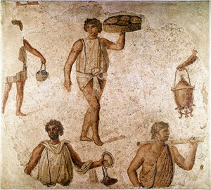 Arte romana: criados em um banquete. Fragmento de mosaico de Cartago, Tunísia. 180-190 D.C. Paris, Museu do Louvre de Roman
