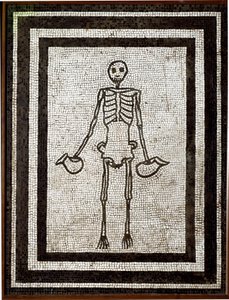 Arte romana: esqueleto com askos. Mosaico vindo da região do Vesúvio. 4º estilo. Século I AC. Dim. 91x70 cm Museo Archeologico Nazionale, Nápoles. de Roman