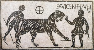 Arte romana: "duas mulheres domesticando um tigre" Mosaico de Castro pretorio em Roma. Século I d.C. Roma, Museo Nazionale Romano de Roman
