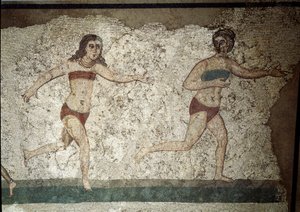 Arte romana: jovens romanos envolvidos em exercícios físicos. Eles usam uma tanga à volta dos rins e um estrofio (antepassado do soutien) no peito. Detalhe do mosaico 315-350 AD. Piazza Armerina, Villa Romana del Casale de Roman