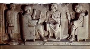 A civilização romana. Alívio retratando a cena escolar. Trier, anteriormente conhecida em inglês como Treves, é uma cidade na Alemanha às margens do Mosela, conquistada pelos romanos no último século I a.C. e renomeada Trevorum. de Roman