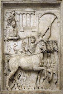 O imperador romano Marcus Aurelius no seu trólei triunfal, século II (Relevo em mármore) de Roman