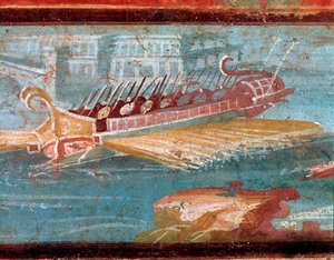 Navios de guerra romanos na entrada de um porto (fresco de Roman