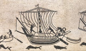 Navio a aproximar-se de um porto, detalhe de um mosaico, século II d.C. de Roman