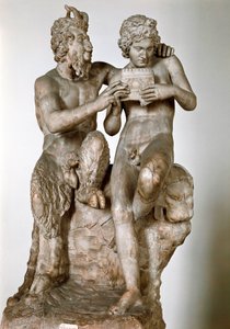 Estatueta do deus Pan ensinando a flauta tem o seu eromene, o pastor Daphnis século I aC. Escultura em mármore romano, depois de um original grego. Museu Nacional de Arqueologia de Nápoles - Pan e Daphnis (ou Olimpo). Cópia romana depois de uma escultura h de Roman