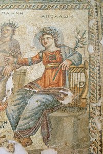 O mosaico Apollo e Marsyas, detalhe de Plínio e Apolo, Casa de Aion, Paphos, mosaico de Chipre de Roman