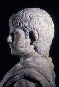 Estátua Togate do jovem Nero, vista lateral da cabeça, c.50 AD (mármore) (detalhe de 140378) de Roman