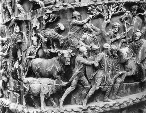 Transporte de prisioneiros alemães e os despojos da guerra, detalhe da coluna de Marcus Aurelius (colonna Antonina) de Roman