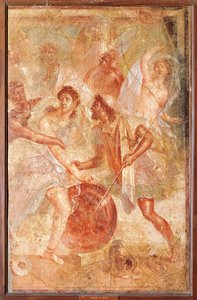 Ulisses e Diomedes reconhecem Aquiles disfarçado de Pirro fêmea entre as Filhas de Lycomedes no Skyros, de Pompéia (fresco) de Roman