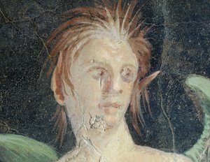Gênio alado, fragmento de afresco de Villa de Publius Fannius Synistor, Boscoreale, Campânia, Itália, Detalhe, civilização romana de Roman