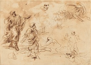 Estudos para uma cena bíblica com Deus Pai aparecendo para uma figura masculina barbuda de Roman 17th Century