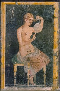 Mulher com Espelho, 1º H. Século I. DE ANÚNCIOS. de Roman Pompeian wall painting.