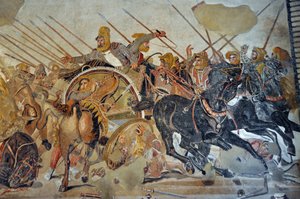 Pormenor de um mosaico de Pompeia: Batalha de Issos entre Alexandre e Dario (século IV a.C.). - Rei Dario III Codomano (380-330 a.C.), desemparelhado na sua biga - opus vermiculatum - Museu Arqueológico de Nápoles, Itália - Museo Archeologico Nazionale, Na de Roman Roman