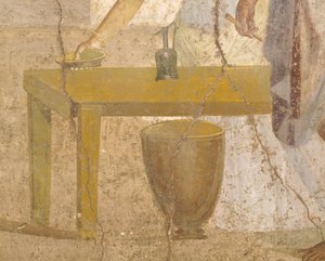 Pormenor de um fresco representando uma refeição de sacrifício, Casa dos Cupidos dourados, Pompeia, Campânia, Civilização Romana de Roman Roman