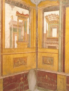 Pormenor de parede com frescos em arquitetura falsa, Casa de Vettii, Pompeia, Campânia, Civilização Romana de Roman Roman