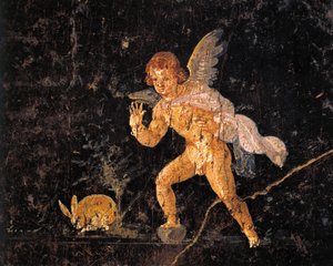 Fresco representando Cupido perseguindo lebre, de Pompeia, Itália de Roman Roman