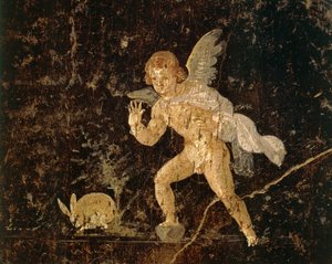 Fresco representando o Cupido caçando uma lebre de Pompeia, província de Nápoles, Itália, civilização romana de Roman Roman