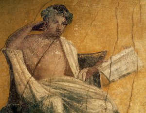 Dramaturgo grego Menandro, pormenor de um fresco, peristilo da Casa de Menandro, Pompeia, Campânia, Itália, civilização romana de Roman Roman