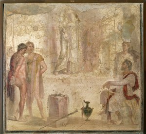 Itália, Campânia, Pompeia, Casa dos Cupidos de Ouro, Orestes e Pílades diante de Ifigénia, fresco de Roman Roman