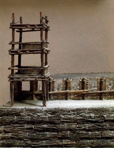 Modelo que reproduz o cerco e a batalha de Alesia em setembro de 52 a.C. por Jules Cesar que viu a derrota de Vercingetorix. Detalhe representando o sistema de defesa construído por César. Roma, Museo della Civilta Romana de Roman Roman