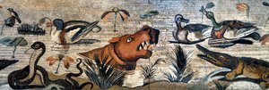 Friso em mosaico de Pompeia (casa da fauna, casa del Fauno - cena nilótica - vida animal no Nilo: hipopótamo, crocodilo, serpente, patos - arte romana - Museu Arqueológico de Nápoles, Itália - Museo Archeologico Nazionale, Nápoles, Itália - Foto Patrice Ca de Roman Roman