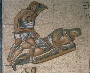Mosaico, com, um, cena, de, luta, gladiadores, detalhe, de, um, gladiador, folheada, em, armadura de Roman Roman